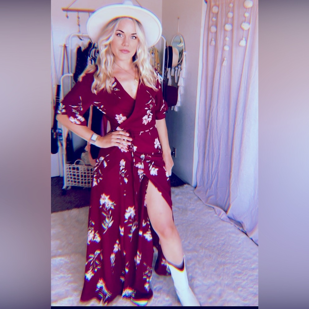 Lulu's Burgundy Floral Wrap Maxi Dress